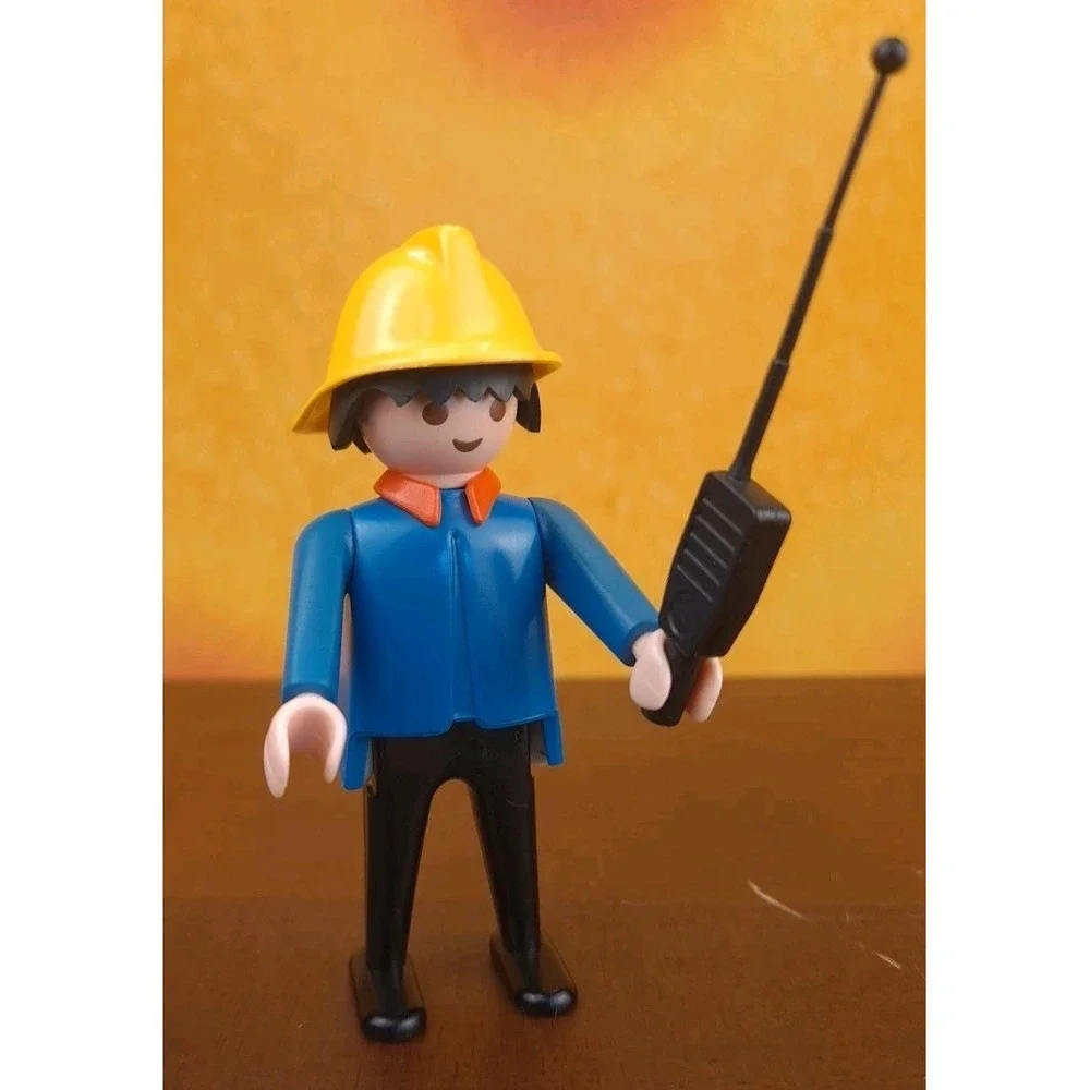 Vtg‎ 1974 Geobra Playmobil Figure With Blue Shirt & Black Pants Yellow Hat Radio